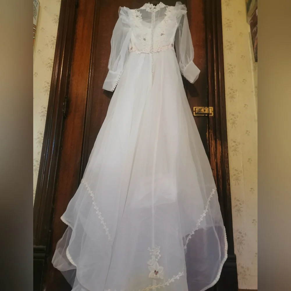 Vintage 60s Wedding Dress Long Veil Train Ruffles Floral Lace Barbie Pink 1960 - Picture 13 of 16